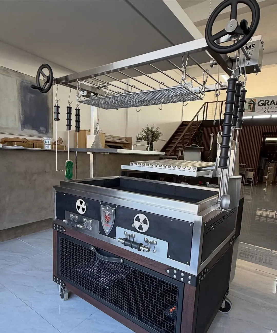 Double top wheel Argentinian grill in stainless steel