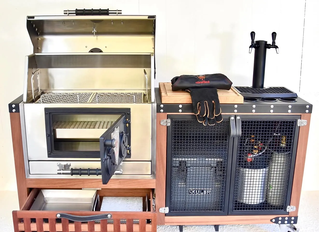 Grill and tap station with oven braai, butcher block and double beer tap