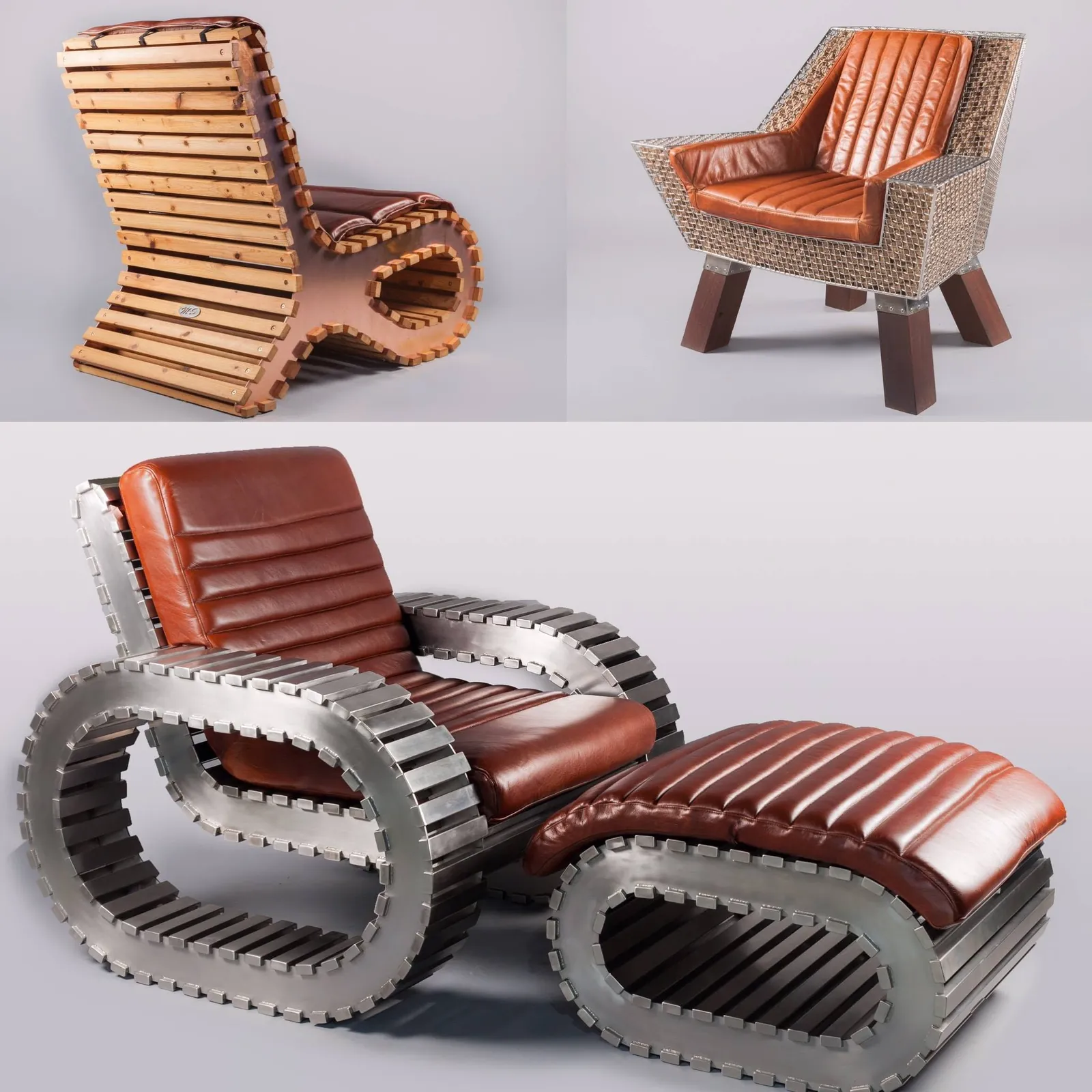 Steel and leather lounge: Steel tread frames with leather upholstery.