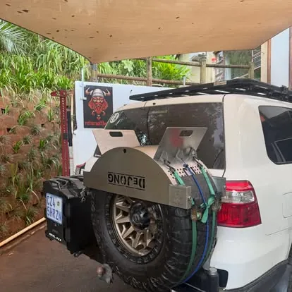 Spare-wheel braai: Mounted, strapped and ready to travel.