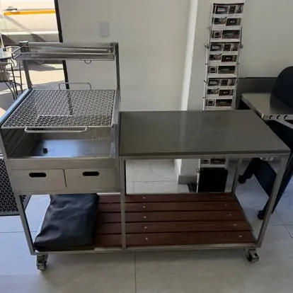 Stainless trolley braai with side table and slatted shelf